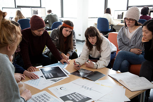 IDEA School of Design students review work on Feb. 4, 2020. (Photo by Tae Hoon Kim)